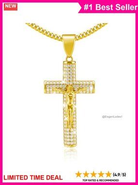 14K Gold Plated Cross Necklace Jesus Crucifix Pendant Adjustable